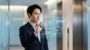 Jeune homme d'affaires manipulant des graphiques et données financières sur un écran holographique transparent.