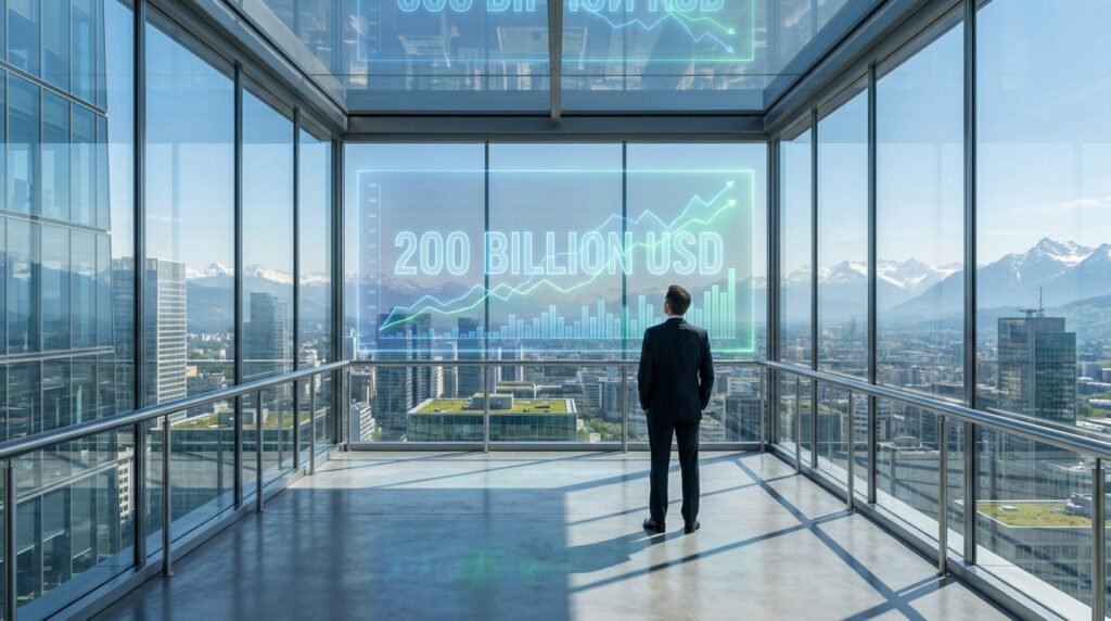 Homme en costume face à une projection holographique de "200 BILLION USD" et un graphique de croissance dans un bureau panoramique.