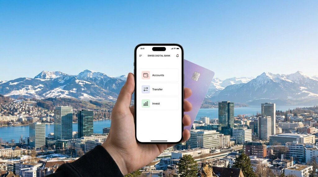 Main tenant un smartphone avec l'appli Swiss Digital Bank et une carte, devant un paysage urbain suisse et des montagnes enneigées.