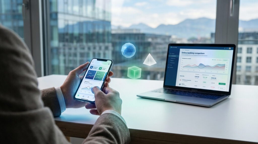 Personne utilise un smartphone et un ordinateur portable affichant des données financières et une comparaison bancaire. Formes 3D holographiques en ville suisse.