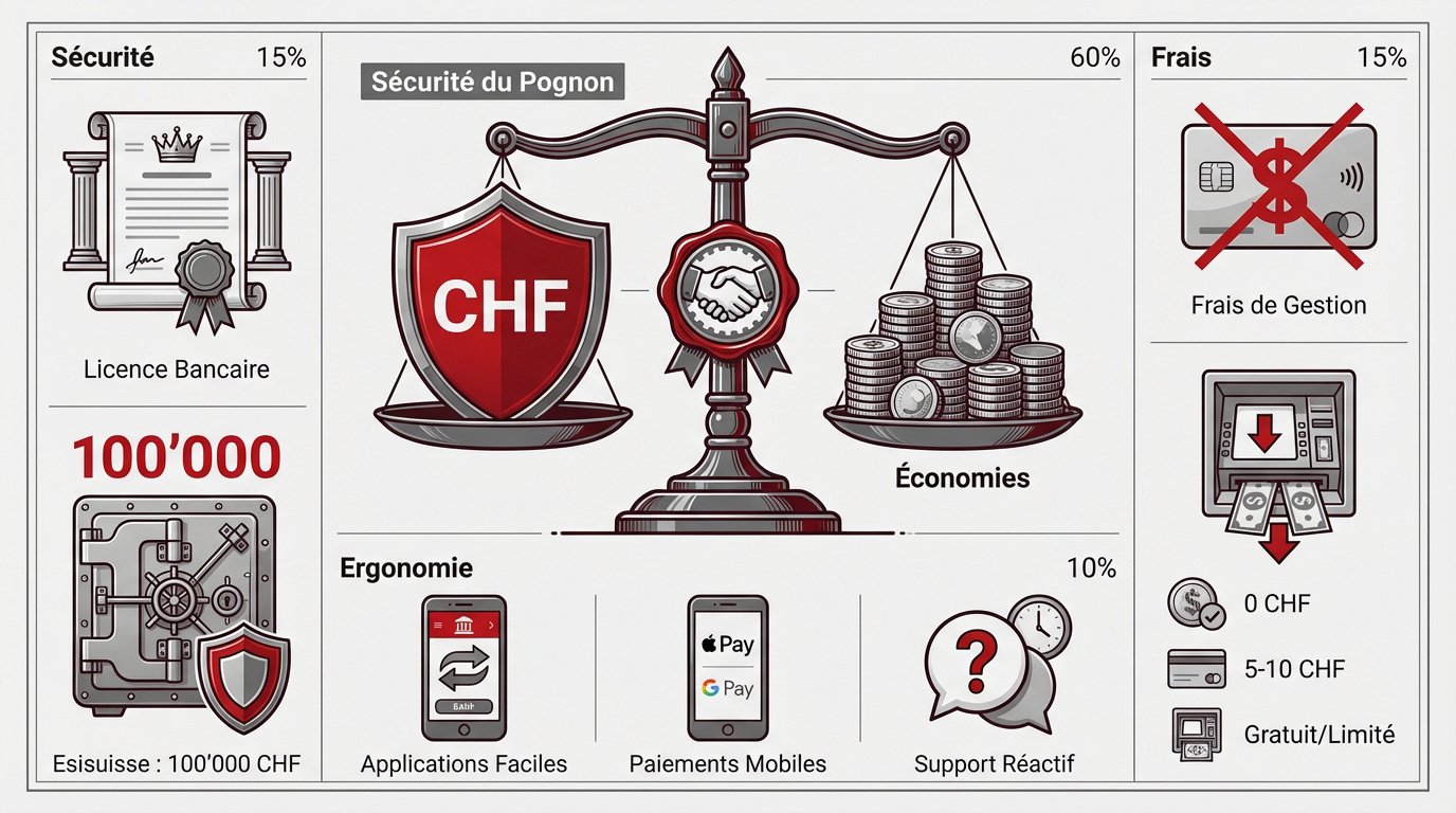 Infographie sur la sécurité des dépôts et les frais des banques en ligne en Suisse