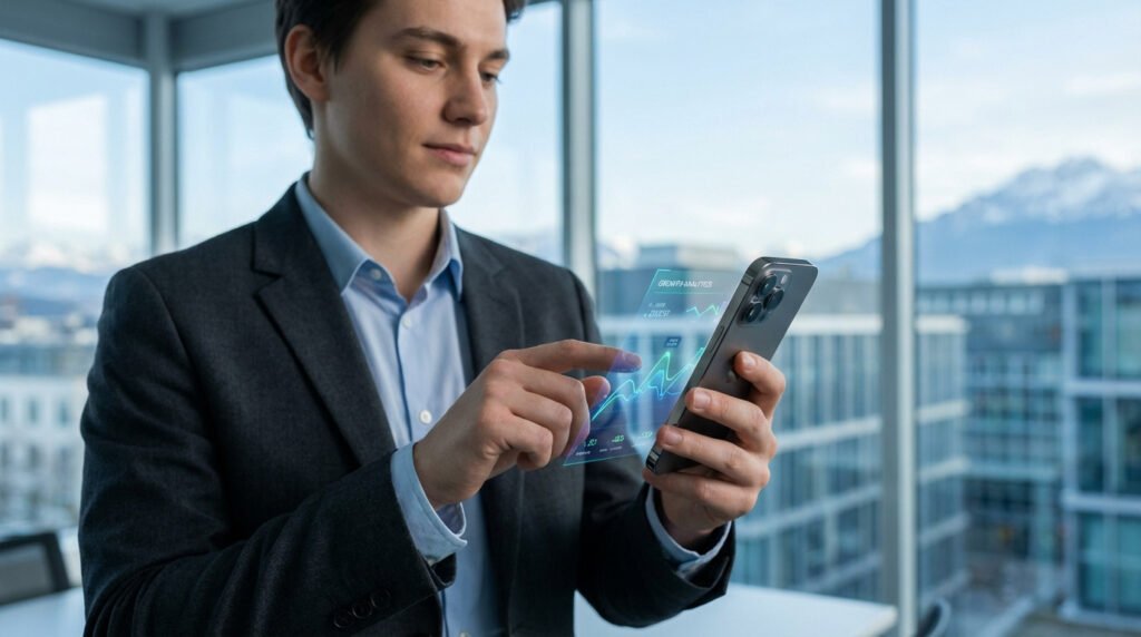 Homme en costume analyse données de croissance via une projection holographique sur smartphone. Bureau moderne, vue sur montagnes.