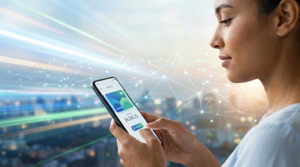 Une femme utilise une application bancaire sur son smartphone, affichant un solde et le bouton GlobalPay, sur fond numérique et futuriste.