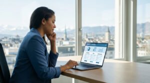 Femme analysant un comparatif bancaire en ligne suisse sur son ordinateur portable, dans un bureau moderne avec vue sur la ville.