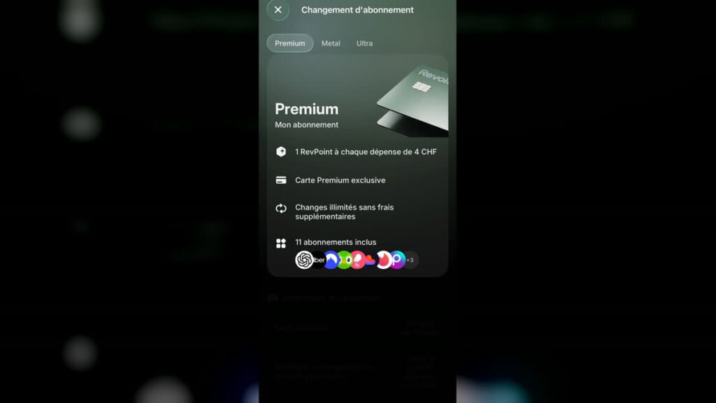 Écran des abonnements dans l'app Revolut en Suisse, avec les onglets Premium, Metal et Ultra