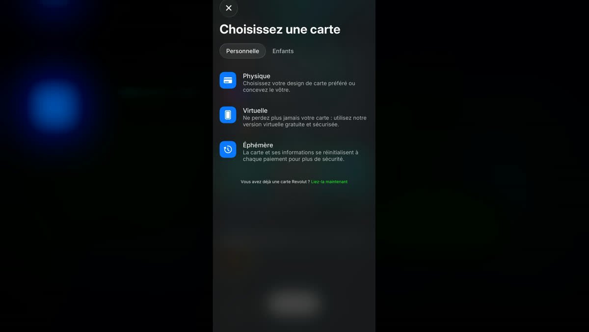 Choix de carte dans l'app Revolut : physique, virtuelle ou éphémère