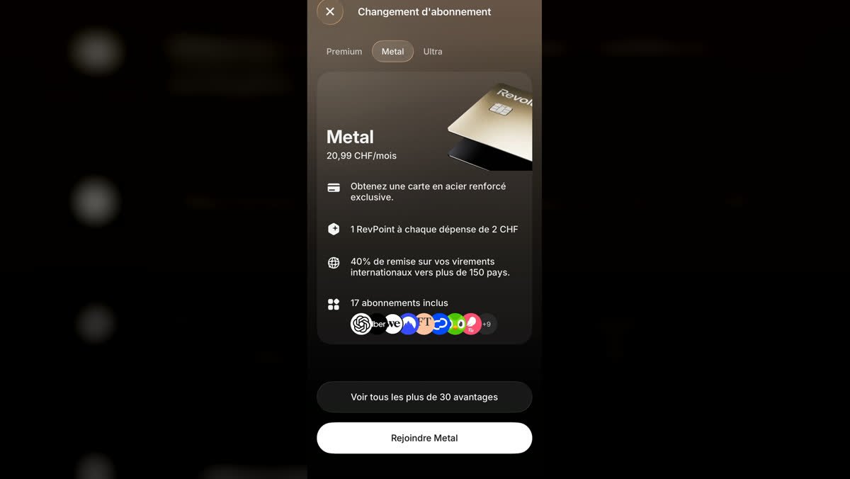 Plan Revolut Metal à 20,99 CHF par mois dans l'app suisse