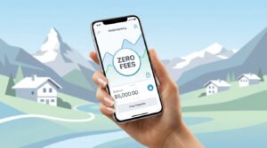 Main tenant un smartphone affichant une application bancaire avec la mention "ZERO FEES" devant un paysage de montagnes.