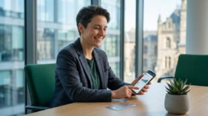 Une femme d'affaires souriante consulte ses finances sur son smartphone dans un bureau moderne avec vue urbaine.