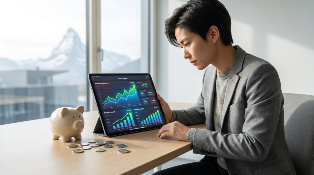 Un jeune homme en costume utilise une tablette affichant des graphiques financiers devant une tirelire et le Cervin.