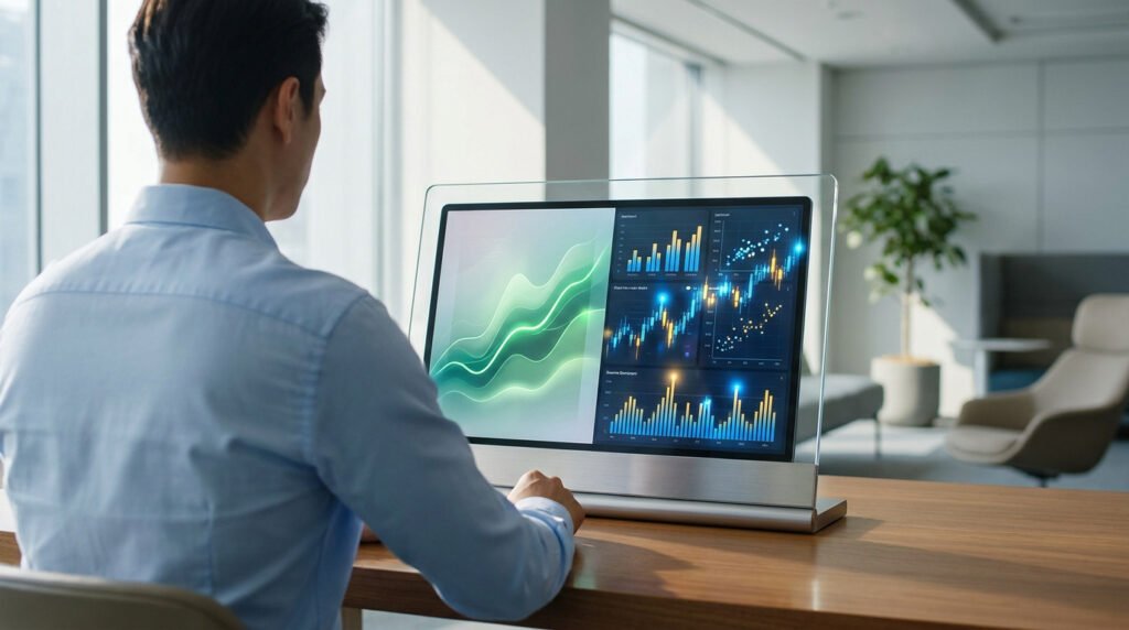 Un homme d'affaires consulte des graphiques financiers boursiers sur un écran transparent futuriste dans un bureau moderne.