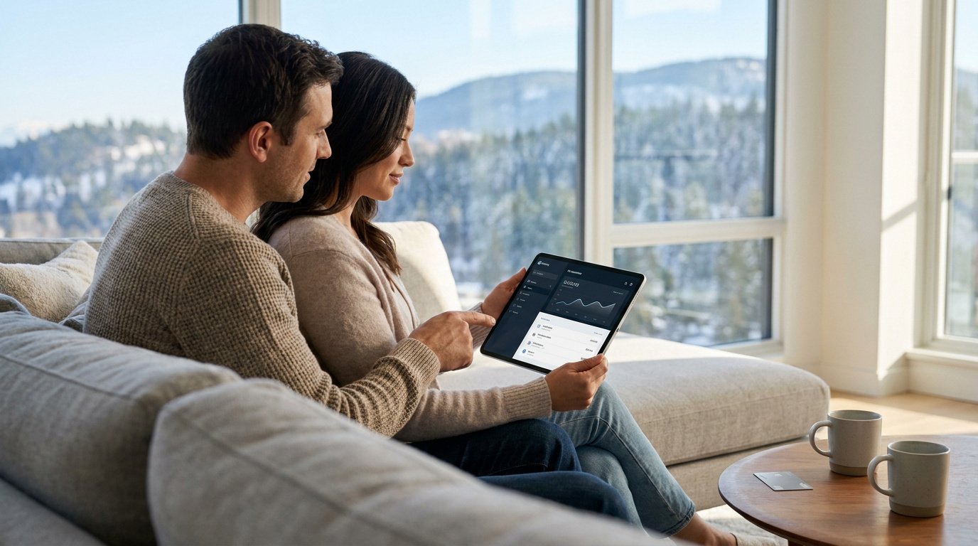 Couple analysant ses relevés bancaires sur une tablette pour calculer le coût annuel de son compte