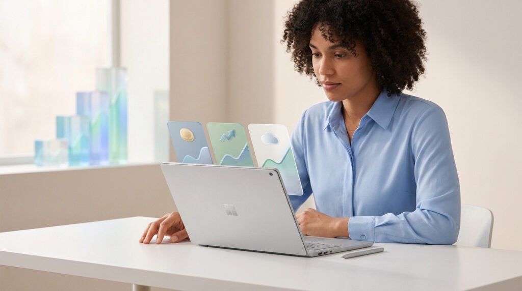 Une femme consulte des graphiques financiers digitaux sur un ordinateur portable pour comparer ses investissements.