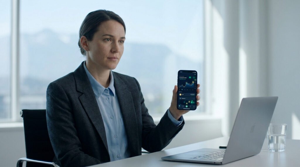 Une femme d'affaires en costume présente une application de trading boursier sur son smartphone dans un bureau lumineux.