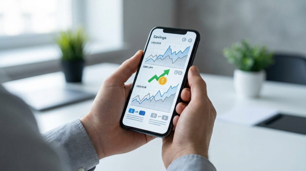 Mains tenant un smartphone affichant des graphiques financiers de change sur l'application Revolut.