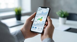 Mains tenant un smartphone affichant des graphiques financiers de change sur l'application Revolut.