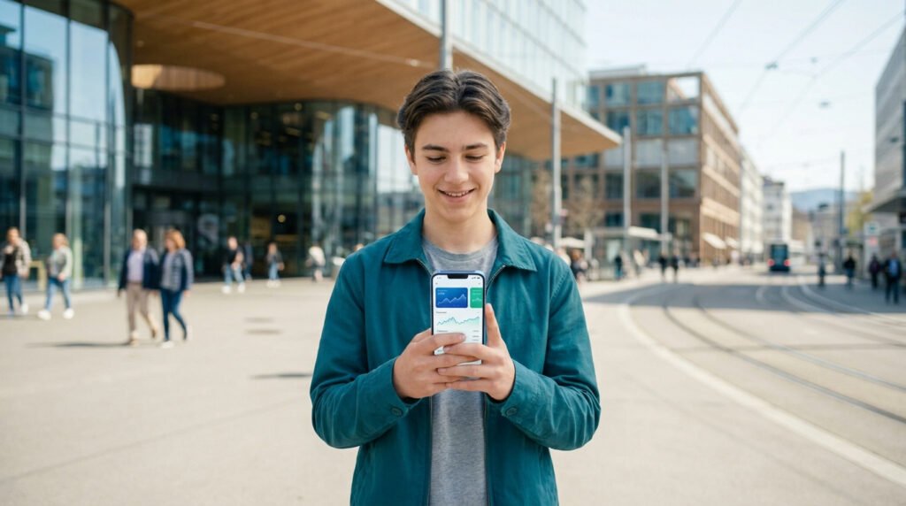 Un adolescent souriant utilise une application bancaire sur son smartphone dans une rue moderne en Suisse.