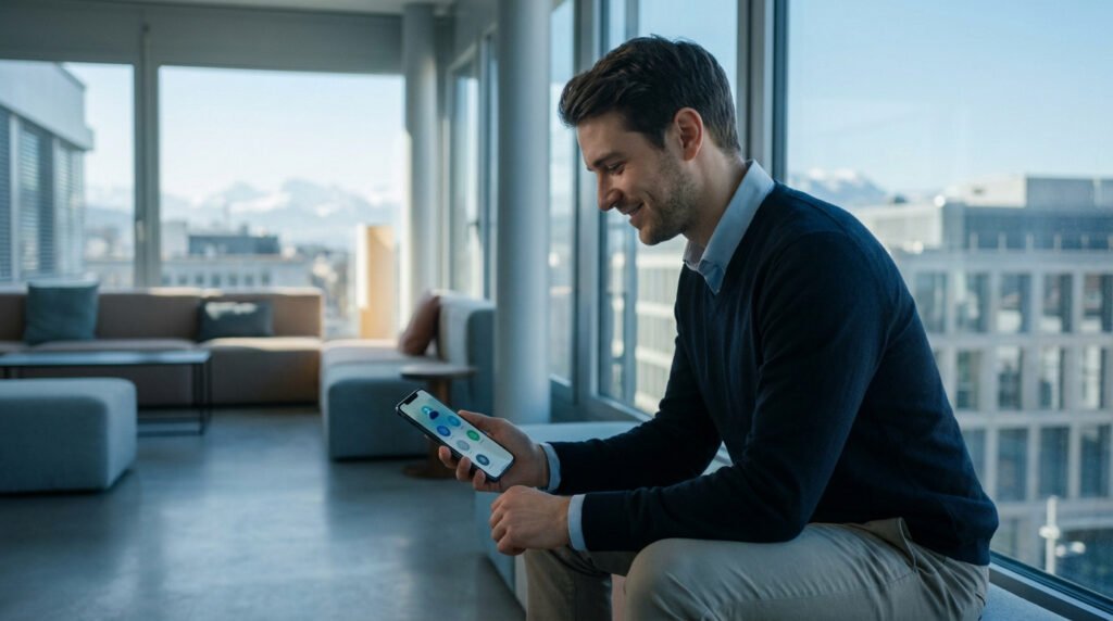 Un homme souriant utilise une application bancaire sur son smartphone dans un bureau moderne avec vue sur les Alpes.