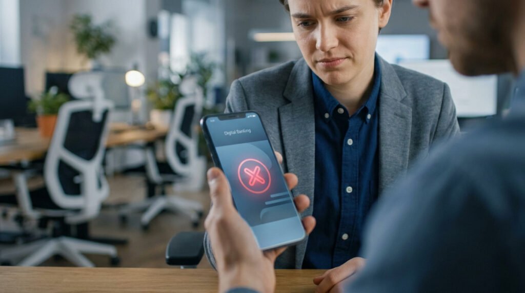 Une personne regarde un écran de smartphone affichant un symbole d'erreur rouge, illustrant un échec de paiement.