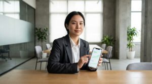 Femme d'affaires montrant une application boursière sur smartphone