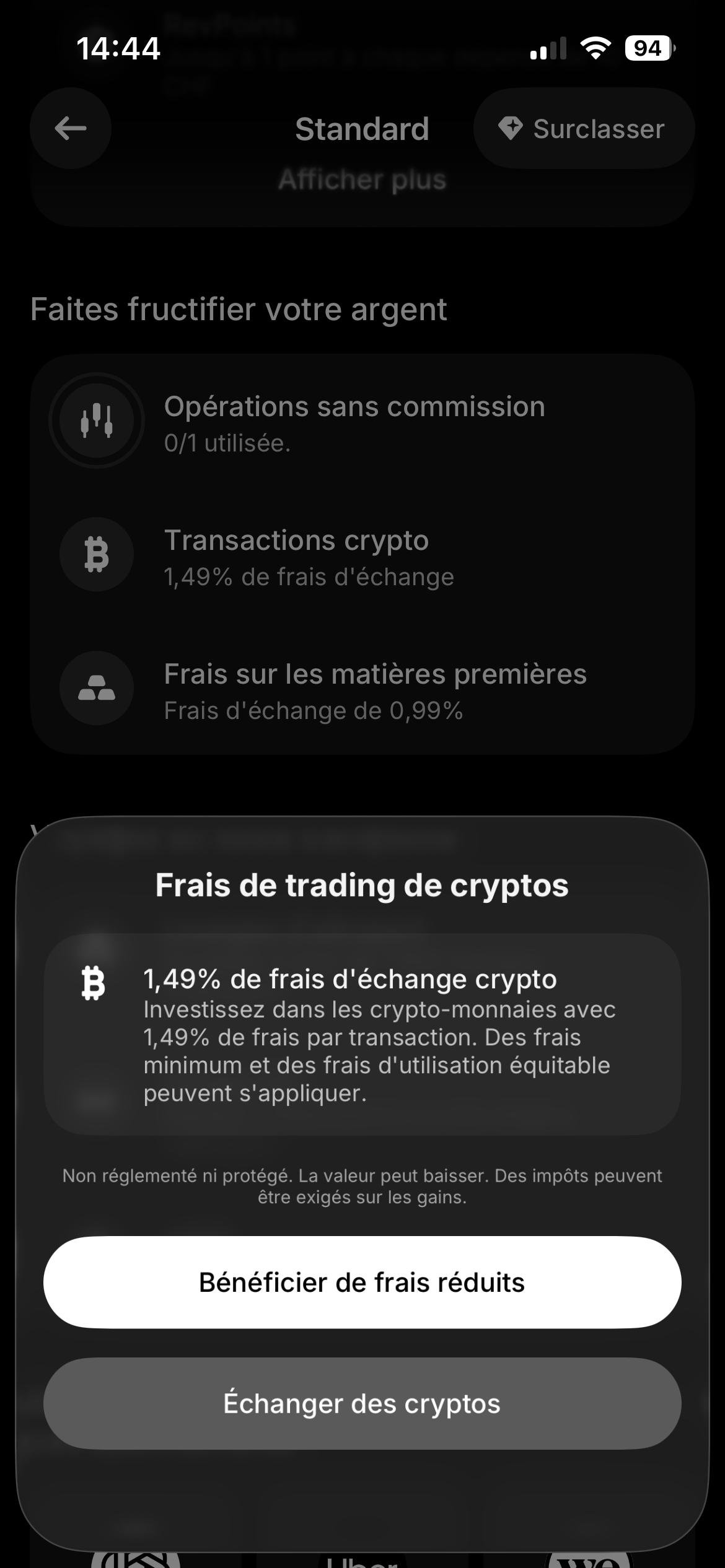 Capture de l'application Revolut affichant 1,49 % de frais d'échange sur les transactions crypto