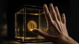 Pièce Bitcoin dorée enfermée dans une vitrine en verre, une main posée dessus sans pouvoir la saisir