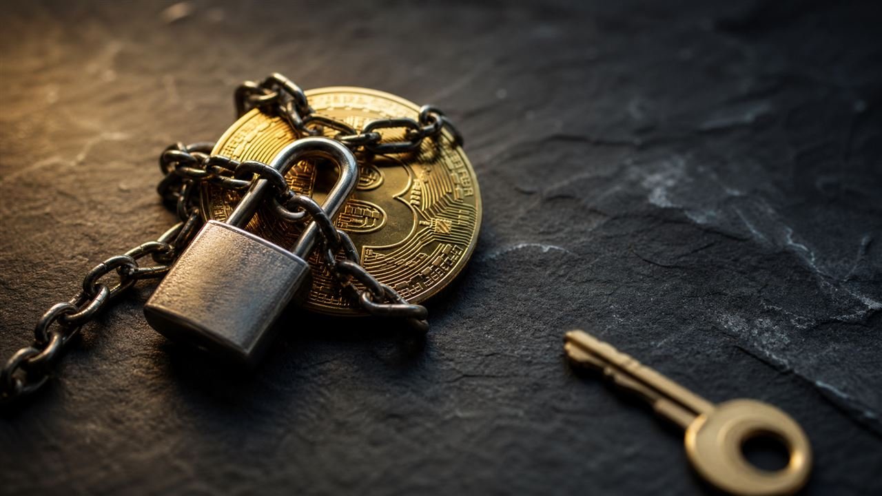 Pièce Bitcoin dorée cadenassée avec une chaîne, une clé posée hors de portée