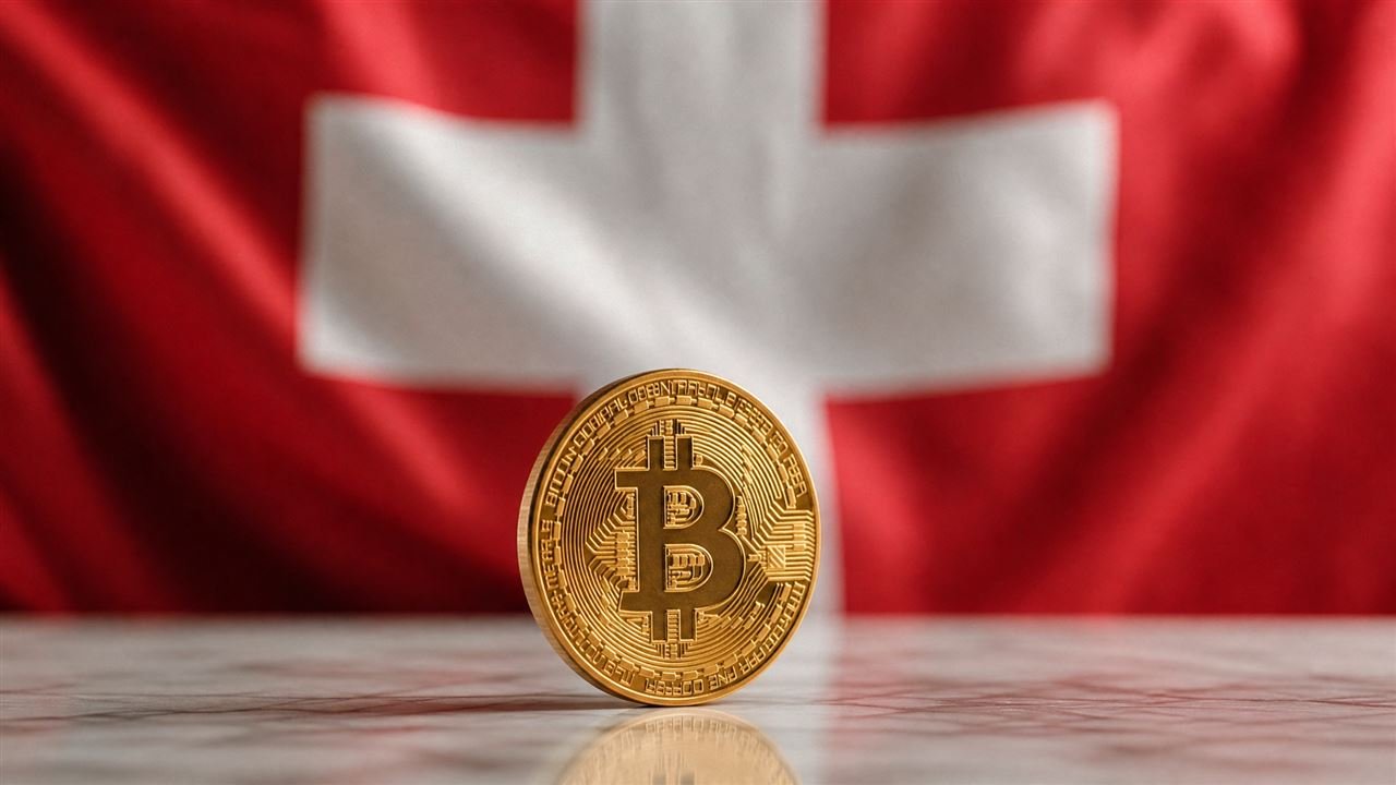 Pièce Bitcoin dorée devant un drapeau suisse rouge à croix blanche