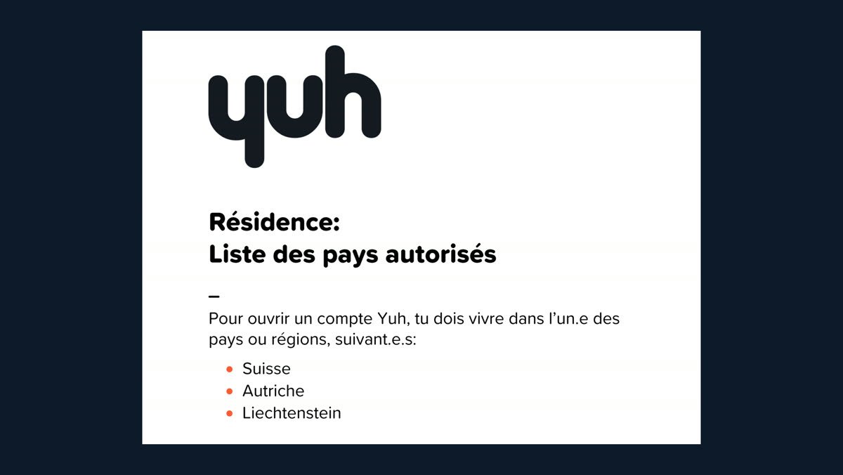Document officiel de Yuh listant les pays de résidence autorisés : Suisse, Autriche, Liechtenstein