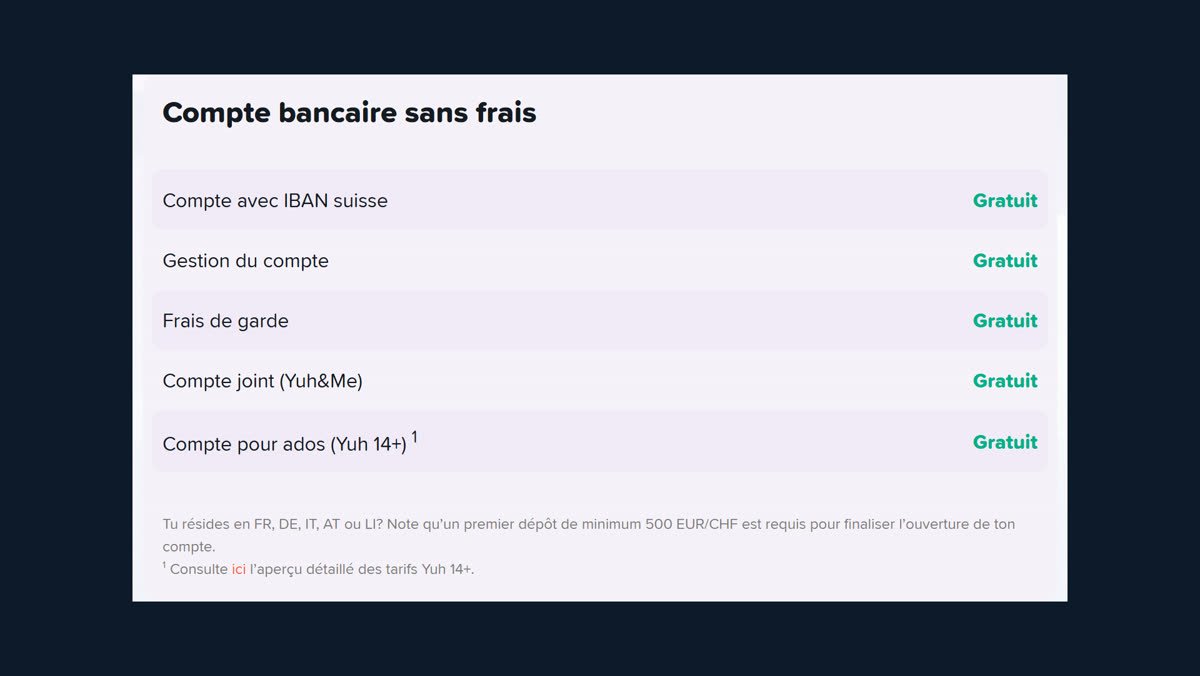Page tarifaire officielle de Yuh : intérêts de 0 % sur les projets d'épargne en CHF, EUR et USD